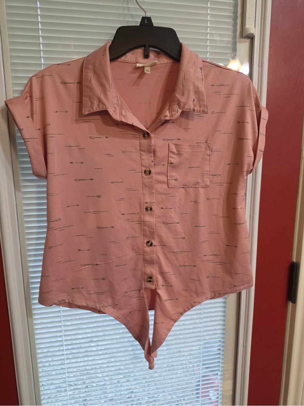 Pink Button-Up Tie Front Blouse with Gold Arrow Pattern